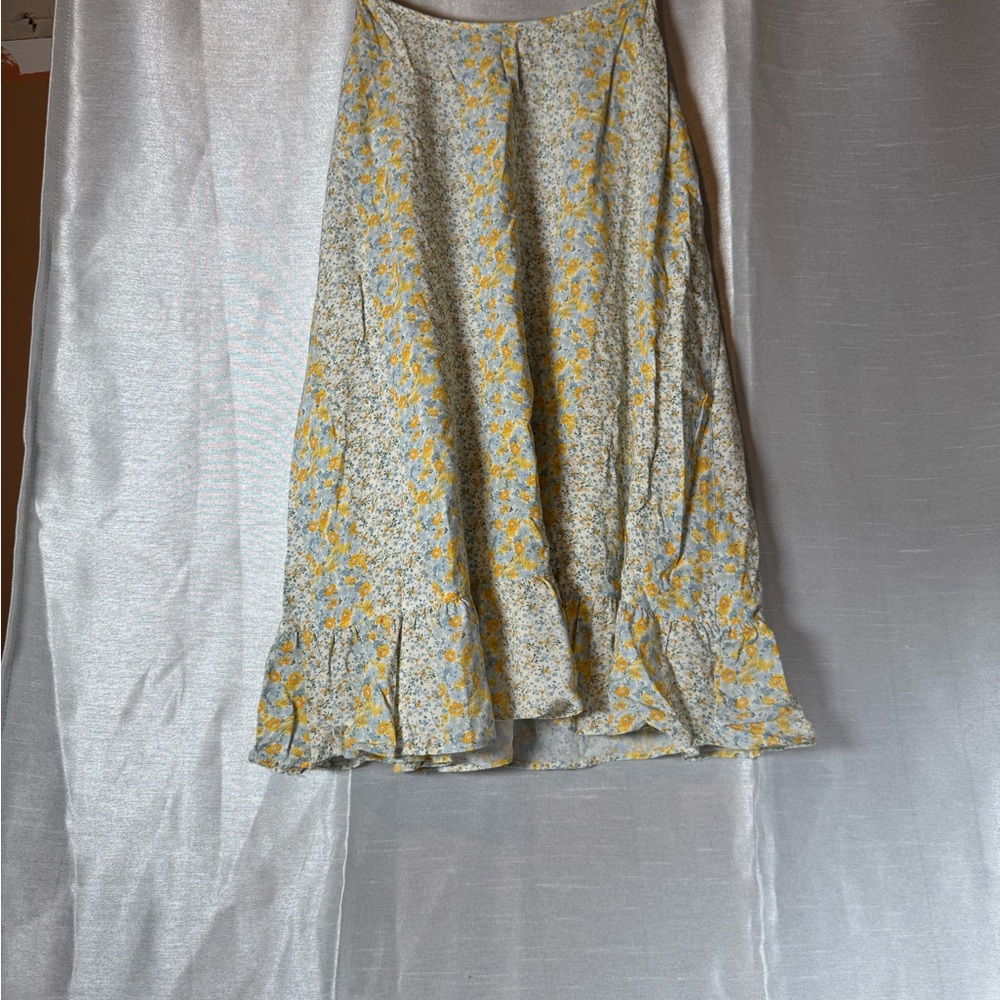 Wild Fable Floral Print Midi Dress Yellow Blue Spaghetti Strap Ruffle XS‎